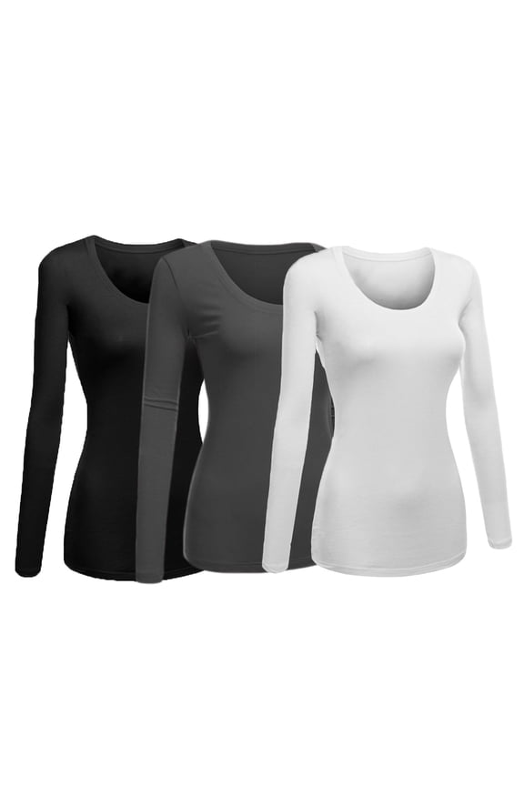Emmalise Women's Junior and Plus Size Basic Scoop Neck Tshirt Long Sleeve Tee, 3xl, 3Pk Black, Charcoal, White