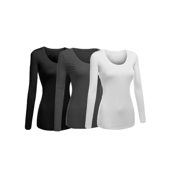 Emmalise Women's Junior and Plus Size Basic Scoop Neck Tshirt Long Sleeve Tee, 3xl, 3Pk Black, Charcoal, White