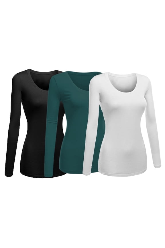 Emmalise Women's Junior and Plus Size Basic Scoop Neck Tshirt Long Sleeve Tee, 3xl, 3Pk Black, Green Teal, White