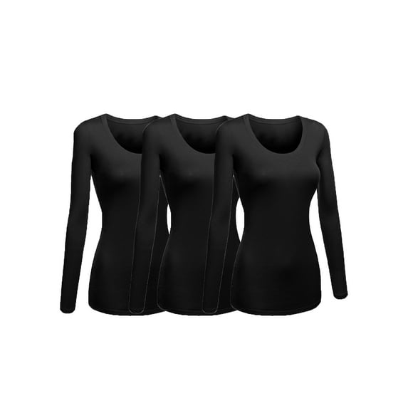 Women's Junior and Plus Size Basic Scoop Neck Tshirt Long Sleeve Tee, Large, 3Pk Black, Black, Black