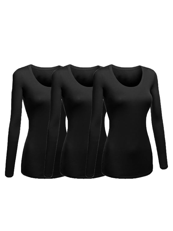 Women's Junior and Plus Size Basic Scoop Neck Tshirt Long Sleeve Tee, Large, 3Pk Black, Black, Black