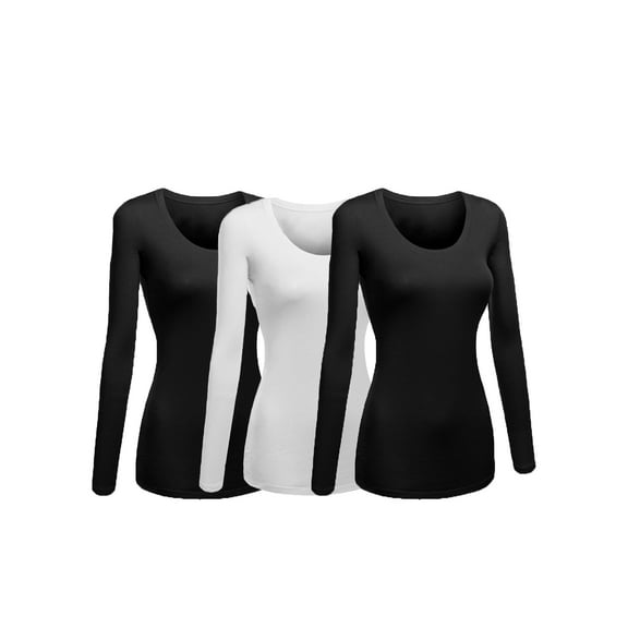 Women's Junior and Plus Size Basic Scoop Neck Tshirt Long Sleeve Tee, Large, 3Pk Black, Black, White