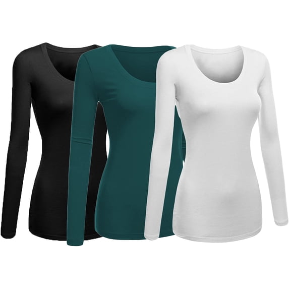 Emmalise Women's Junior and Plus Size Basic Scoop Neck Tshirt Long Sleeve Tee Large 3pk - Black, Green Teal, White