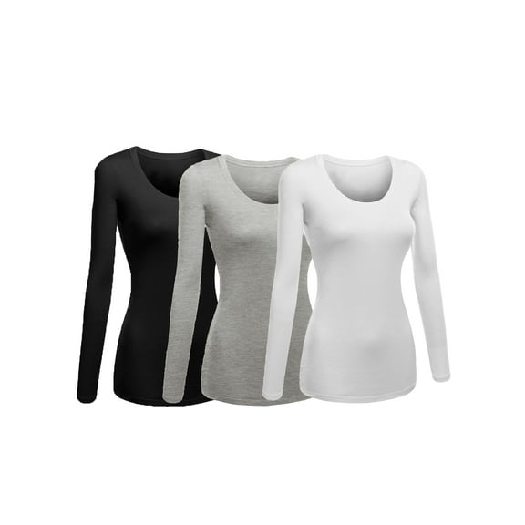 Women's Junior and Plus Size Basic Scoop Neck Tshirt Long Sleeve Tee, Large, 3Pk White, HthGray, Black