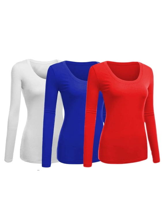 Emmalise Women's Junior and Plus Size Basic Scoop Neck Tshirt Long Sleeve Tee, Large, 3Pk White, Royal, Red