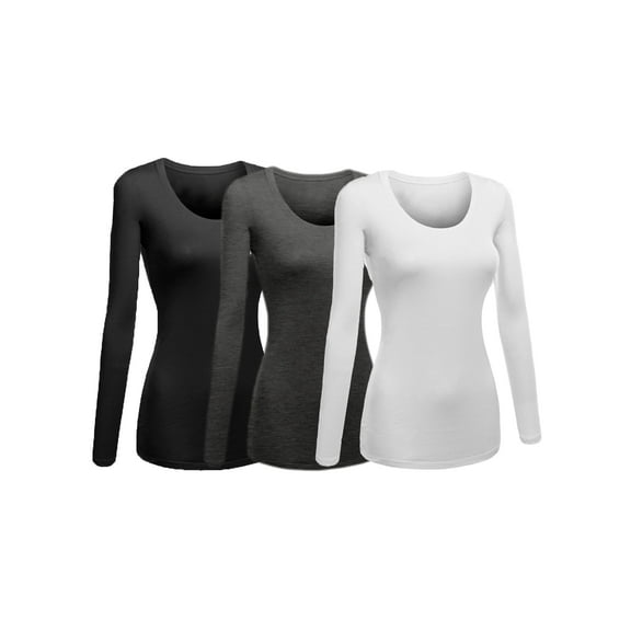 Emmalise Women's Junior and Plus Size Basic Scoop Neck Tshirt Long Sleeve Tee, Medium, 3Pk Black, HthCharcoal, White
