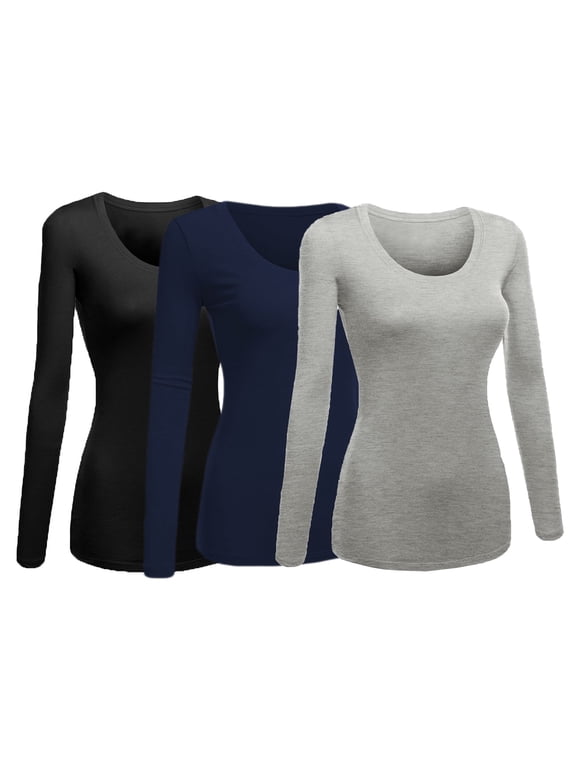 Emmalise Women's Junior and Plus Size Basic Scoop Neck Tshirt Long Sleeve Tee, Medium, 3Pk Black, Navy, HthGray
