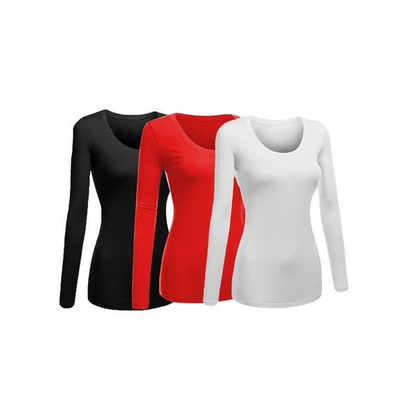 Emmalise Women's Junior and Plus Size Basic Scoop Neck Tshirt Long Sleeve Tee, Medium, 3Pk Black, Red, White