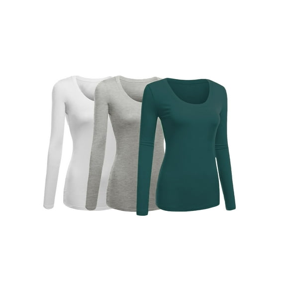 Emmalise Women's Junior and Plus Size Basic Scoop Neck Tshirt Long Sleeve Tee, Medium, 3Pk White, Hgray, Green Teal