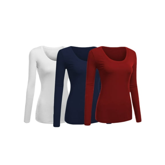 Women's Junior and Plus Size Basic Scoop Neck Tshirt Long Sleeve Tee, Medium, 3Pk White, Navy, Burgundy