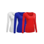 Emmalise Women's Junior and Plus Size Basic Scoop Neck Tshirt Long Sleeve Tee, Medium, 3Pk White, Royal, Red