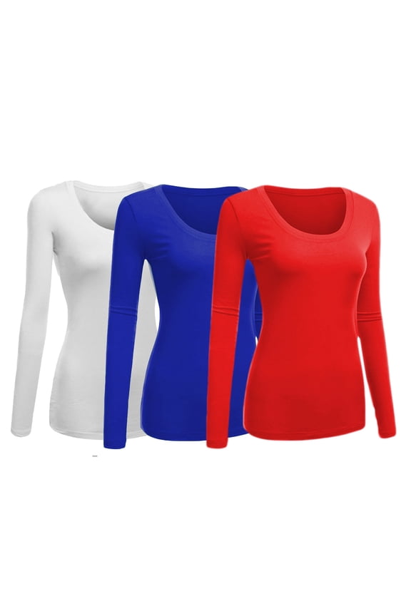 Emmalise Women's Junior and Plus Size Basic Scoop Neck Tshirt Long Sleeve Tee, Medium, 3Pk White, Royal, Red