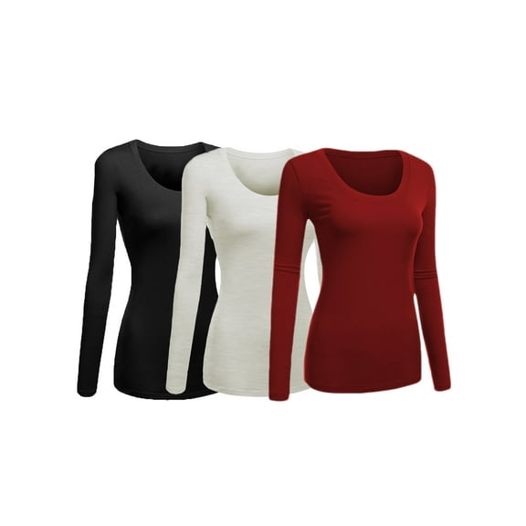 Women's Junior and Plus Size Basic Scoop Neck Tshirt Long Sleeve Tee, Small, 3Pk Black, Oatmeal, Burgundy