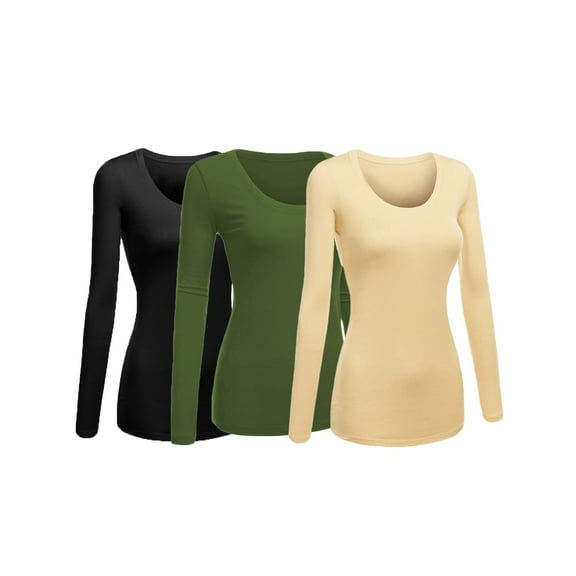 Women's Junior and Plus Size Basic Scoop Neck Tshirt Long Sleeve Tee, Small, 3Pk Black, Olive, Khaki