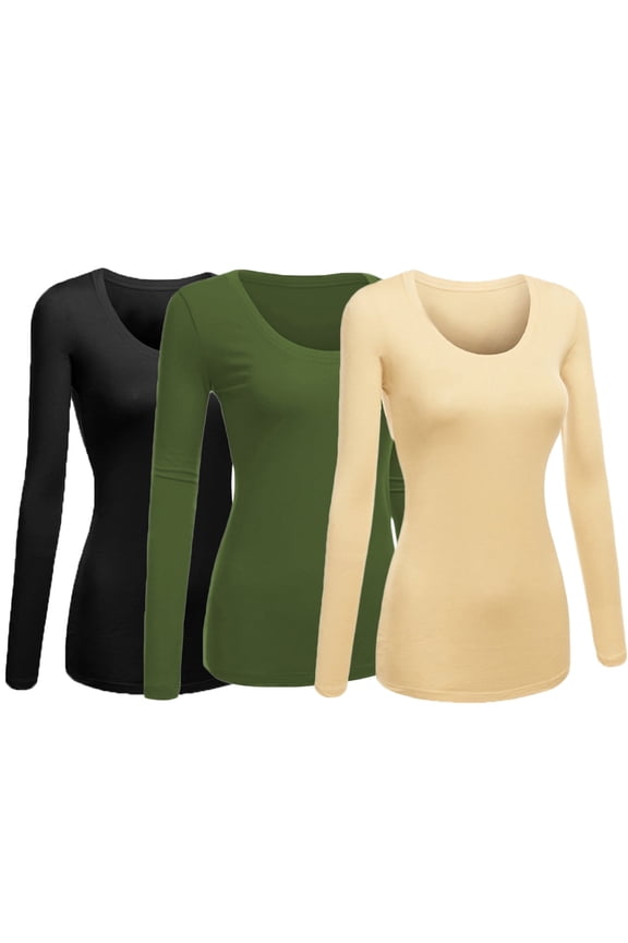 Women's Junior and Plus Size Basic Scoop Neck Tshirt Long Sleeve Tee, Small, 3Pk Black, Olive, Khaki