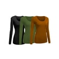 thumbnail image 1 of Women's Junior and Plus Size Basic Scoop Neck Tshirt Long Sleeve Tee, Small, 3Pk Black, Olive, Mustard, 1 of 5
