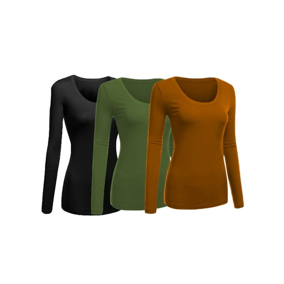 Women's Junior and Plus Size Basic Scoop Neck Tshirt Long Sleeve Tee, Small, 3Pk Black, Olive, Mustard