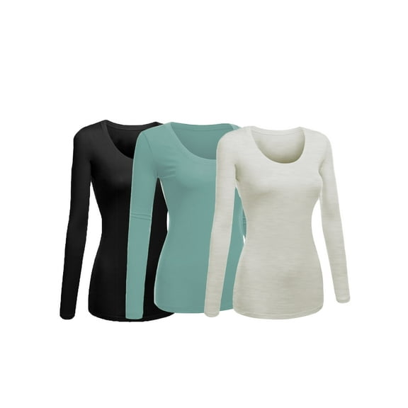 Women's Junior and Plus Size Basic Scoop Neck Tshirt Long Sleeve Tee, Small, 3Pk Oat, Dusty Sage, Black