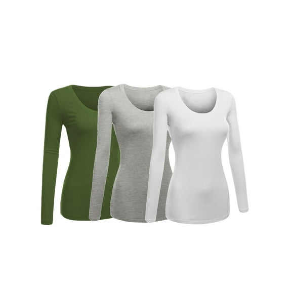 Women's Junior and Plus Size Basic Scoop Neck Tshirt Long Sleeve Tee, Small, 3Pk Olive, HthGray, White