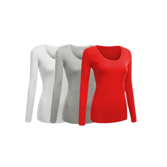 Emmalise Women's Junior and Plus Size Basic Scoop Neck Tshirt Long Sleeve Tee, Small, 3Pk White, Hgray, Red