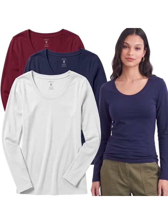 Women's Long Sleeve Scoop-Neck T-Shirt Top, Color White Navy Burgundy, Size Small
