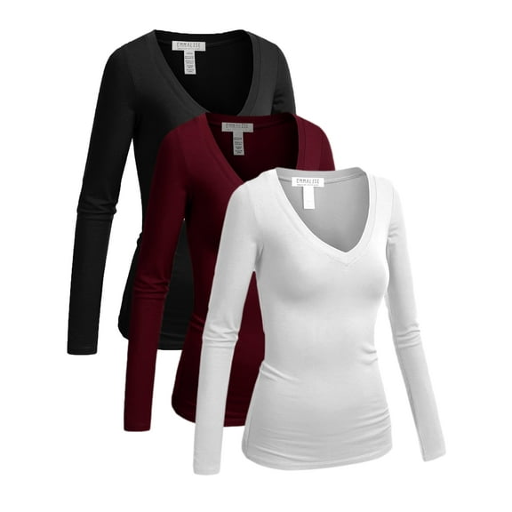 Emmalise Women's Junior and Plus Size Vneck Tshirt Long Sleeves Shirt Tee, 1xl, 3Pk Black, Burgundy, White