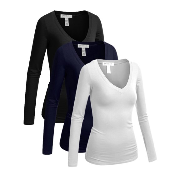 Emmalise Women's Junior and Plus Size Vneck Tshirt Long Sleeves Shirt Tee, 1xl, 3Pk Black, Navy, White