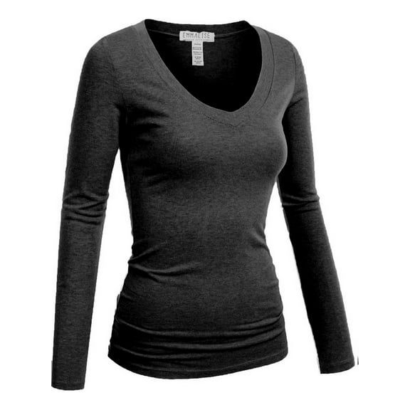 Emmalise Women's Junior and Plus Size Vneck Tshirt Long Sleeves Shirt Tee, 2xl, Heather Charcoal