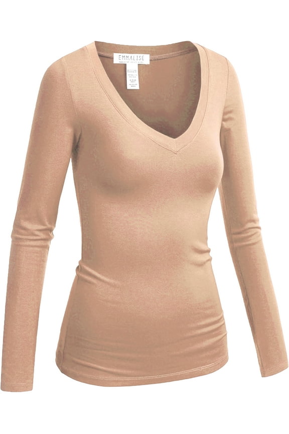 Women's Junior and Plus Size Vneck Tshirt Long Sleeves Shirt Tee, 2xl, Peach