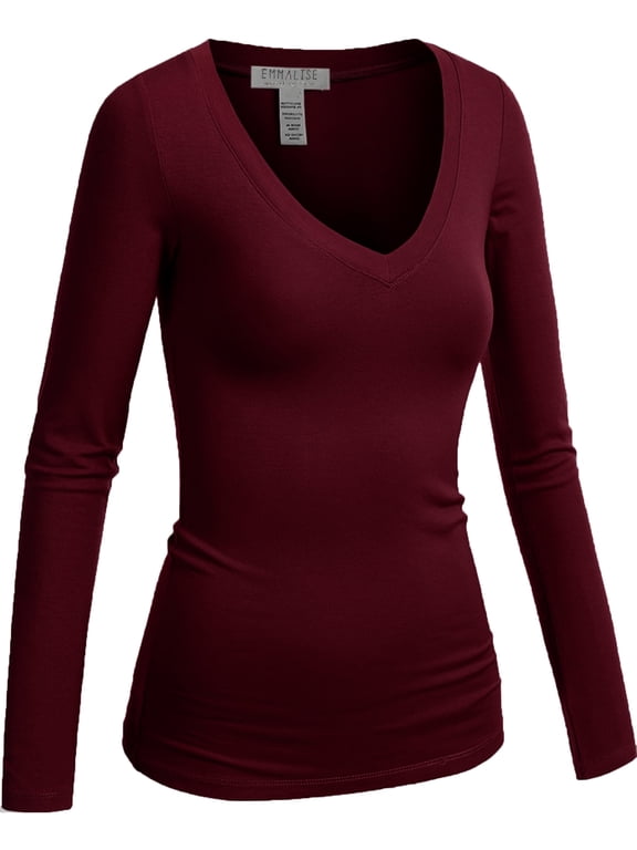 Women's Junior and Plus Size Vneck Tshirt Long Sleeves Shirt Tee, 3xl, Deep Burgundy