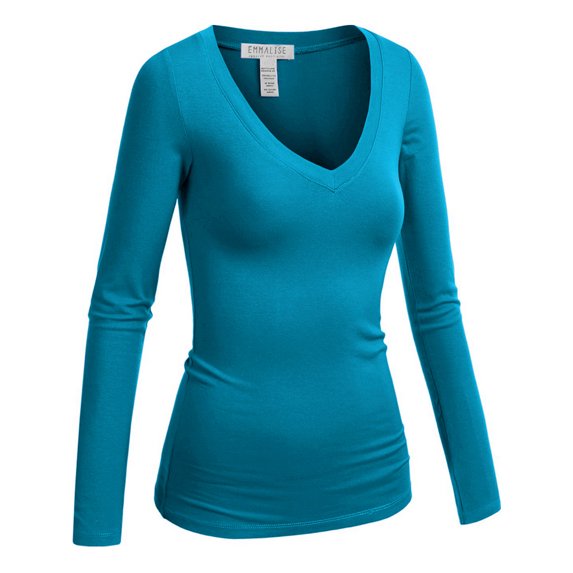 Emmalise Women's Junior and Plus Size Vneck Tshirt Long Sleeves Shirt Tee, 3xl, Turquoise