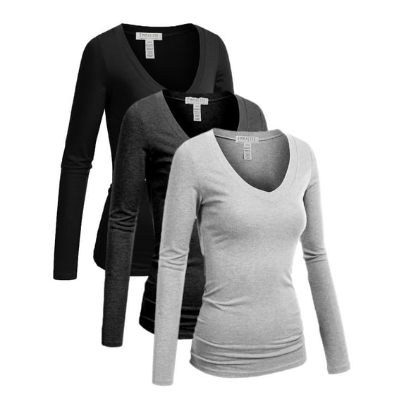 Emmalise Women's Junior and Plus Size Vneck Tshirt Long Sleeves Shirt Tee, Small, 3Pk Black, HCharcoal, Hgray
