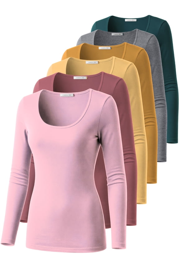 Women’s Long Sleeve Scoop Neck Fitted Top Colorful Everyday Multipack L