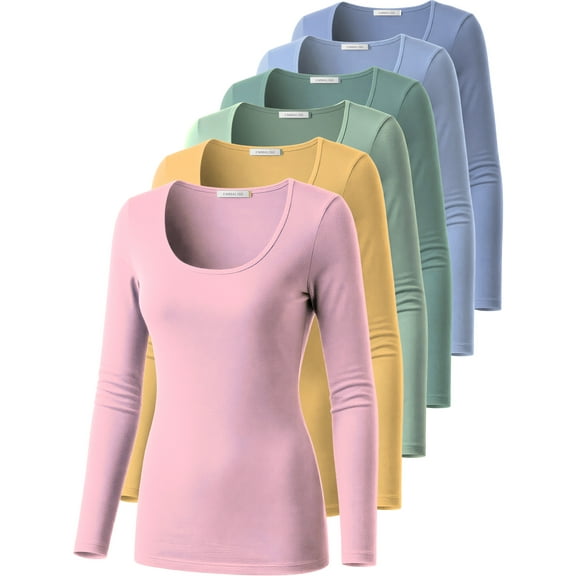 Emmalise Women’s Long Sleeve Scoop Neck Fitted Top Light Colors Multipack Bundle 1 S