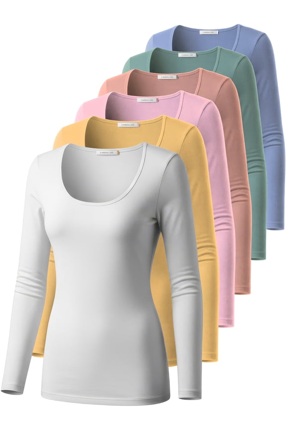 Women’s Long Sleeve Scoop Neck Fitted Top Light Colors Multipack Bundle 2 S