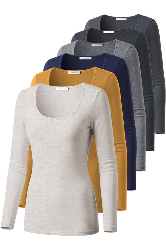 Women’s Long Sleeve Scoop Neck Fitted Top Neutral and Bold Fall Multipack S