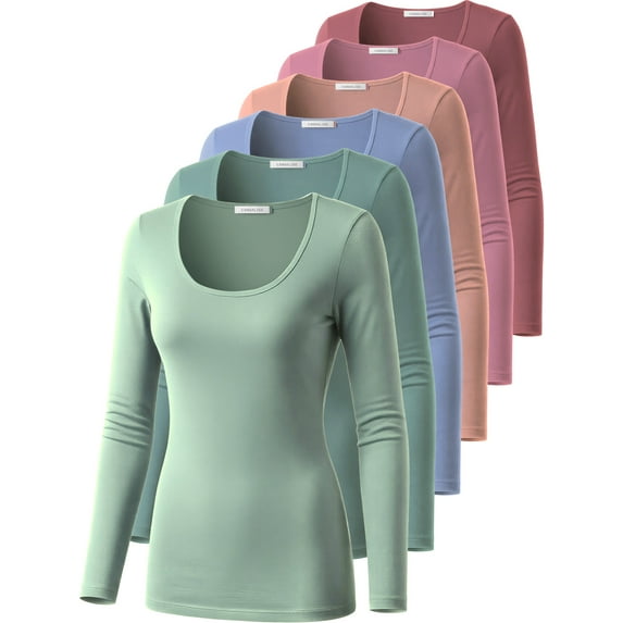 Emmalise Women’s Long Sleeve Scoop Neck Fitted Top Soft and Dusty Color Multipack S