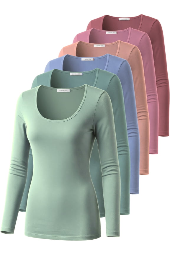 Women’s Long Sleeve Scoop Neck Fitted Top Soft and Dusty Color Multipack S