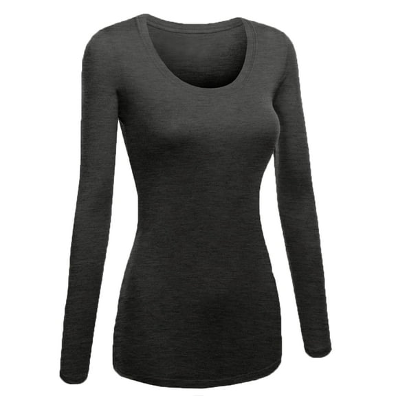 Emmalise Women's Plain Basic Cotton Spandex Scoop Neck Long Sleeve T Shirt Heather Charcoal Large