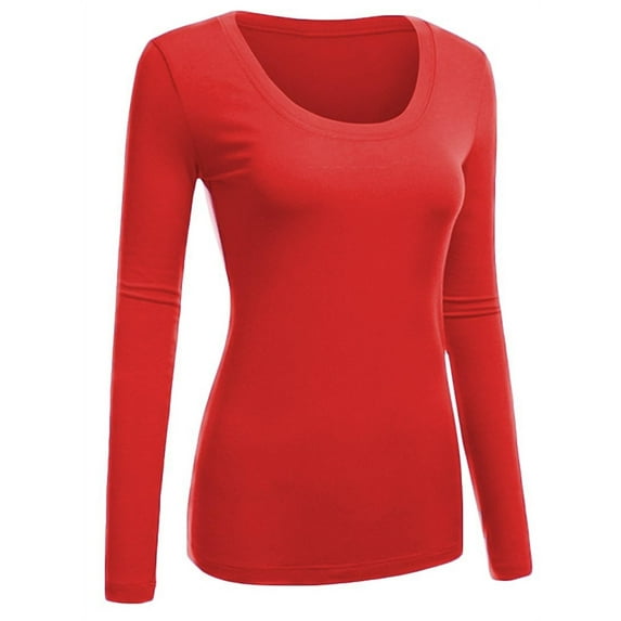 Emmalise Women's Plain Basic Cotton Spandex Scoop Neck Long Sleeve T Shirt -Red, 2XL