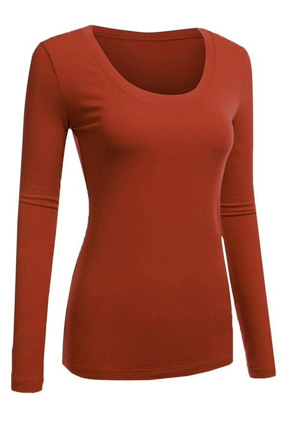 Women's Plain Basic Cotton Spandex Scoop Neck Long Sleeve T Shirt -Rust, 1XL