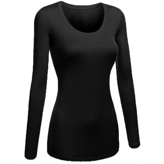 Emmalise Women's Plain Basic Cotton Spandex Scoop Neck Long Sleeve T Shirt