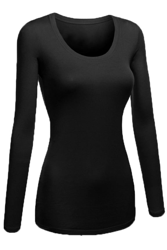Women's Plain Basic Scoop Neck Long Sleeve TShirt Tee - Black, 3XL