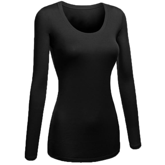 Emmalise Women's Plain Basic Scoop Neck Long Sleeve TShirt Tee - Black, M