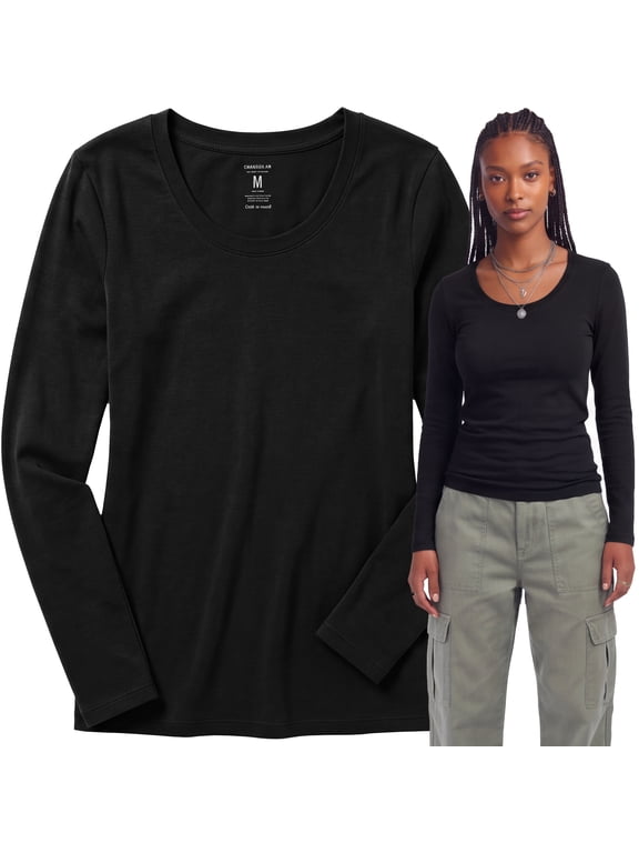 Emmalise Women's Plain Basic Scoop Neck Long Sleeve TShirt Tee - Black, M