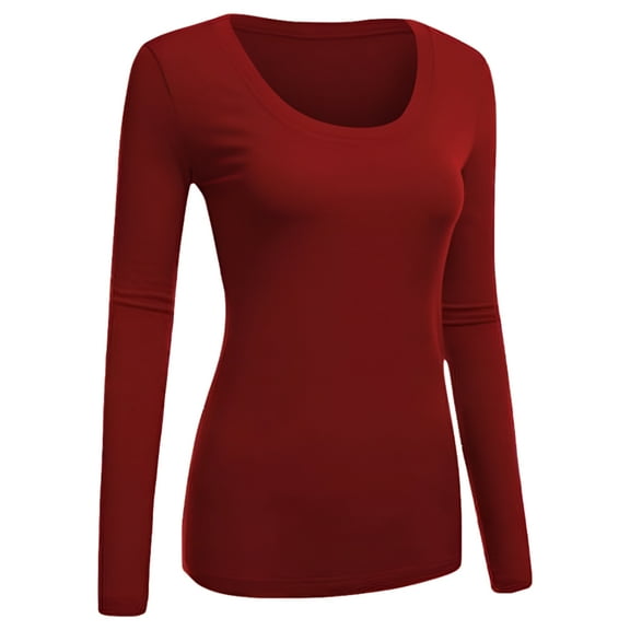Emmalise Women's Plain Basic Scoop Neck Long Sleeve TShirt Tee - Burgundy, 1XL