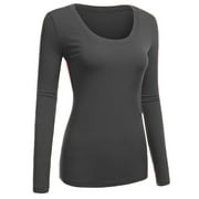 Emmalise Women's Plain Basic Scoop Neck Long Sleeve TShirt Tee - Charcoal, S