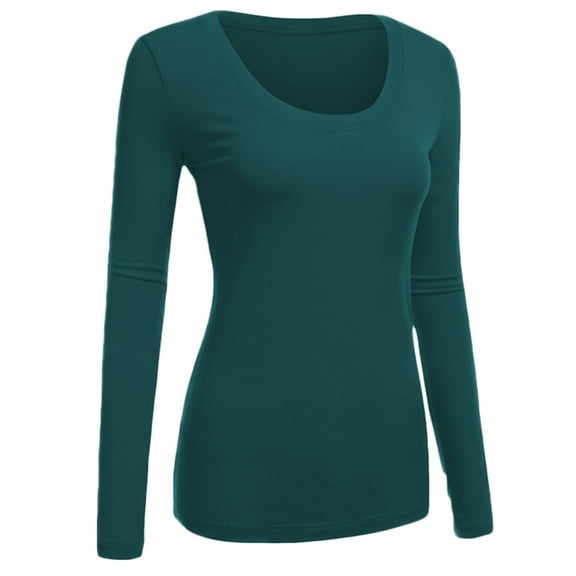 Emmalise Women's Plain Basic Scoop Neck Long Sleeve TShirt Tee - Green Teal, S