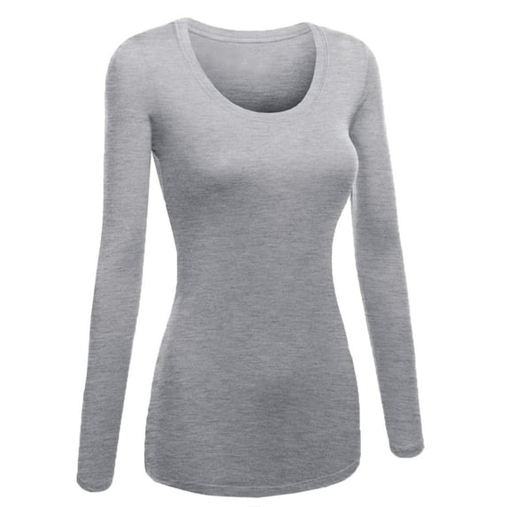 Emmalise Women's Plain Basic Scoop Neck Long Sleeve TShirt Tee - H Gray, S