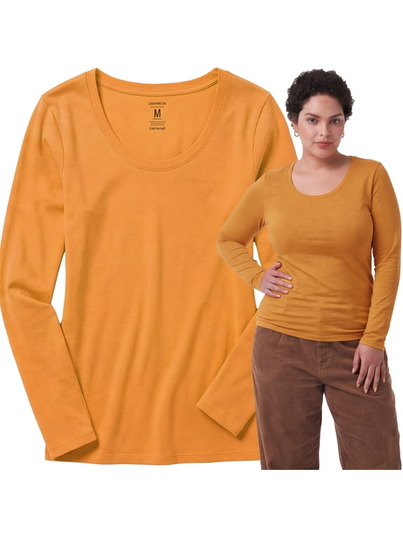 Emmalise Women's Plain Basic Scoop Neck Long Sleeve TShirt Tee - Mustard, L